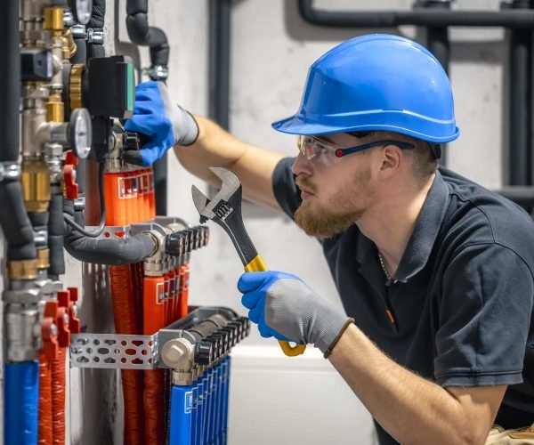The technician checking the heating system in the boiler room.